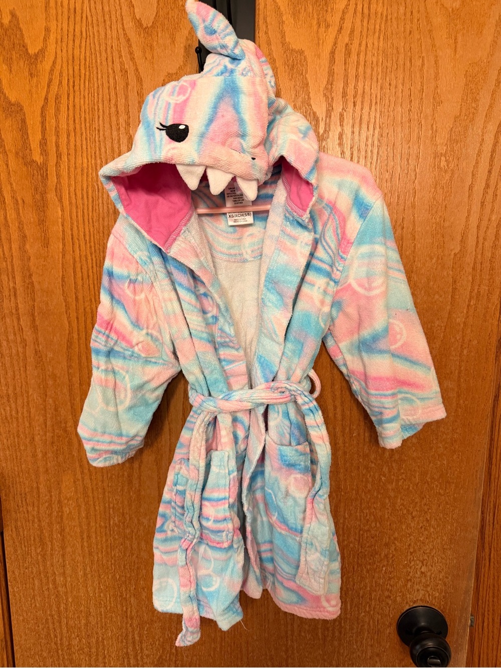 Kids Shark Hooded Bathrobe in Pastel Pink & Blue - Cozy Tie-Waist Robe